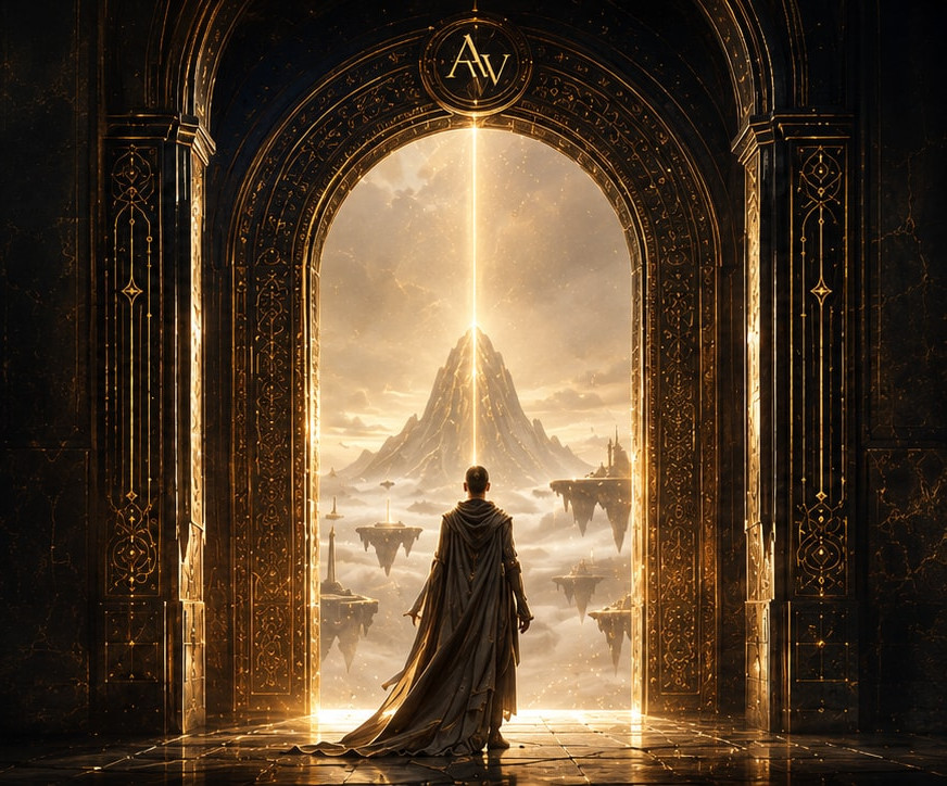 A luminous celestial gateway with a traveler facing a new horizon