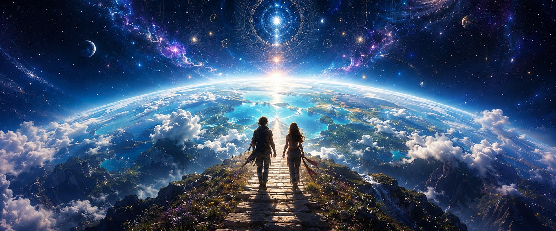 Two travelers walking toward a luminous celestial gateway above Earth