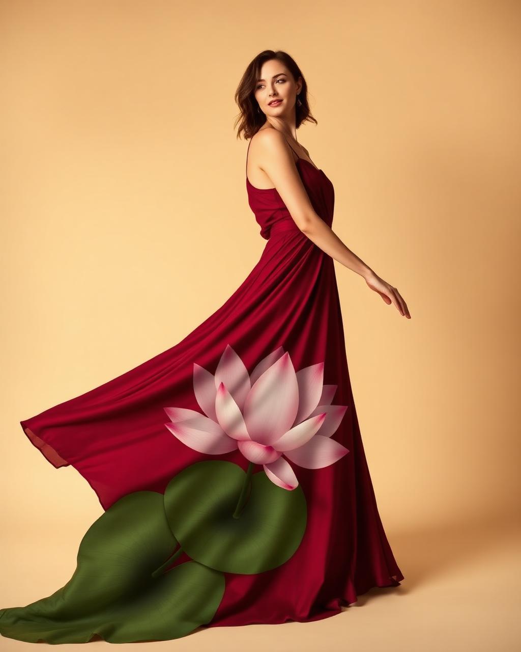 Burgundy garment with a vertical lotus-inspired artwork
