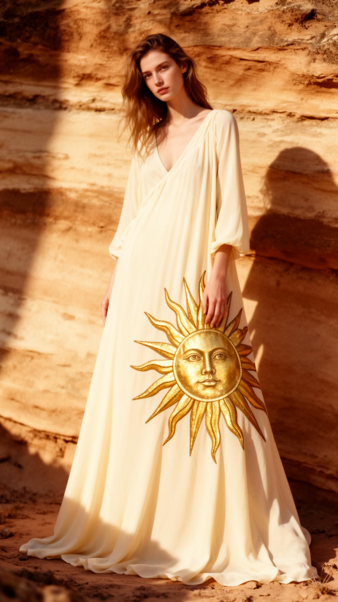 Woman in a cream dress with a solar artwork