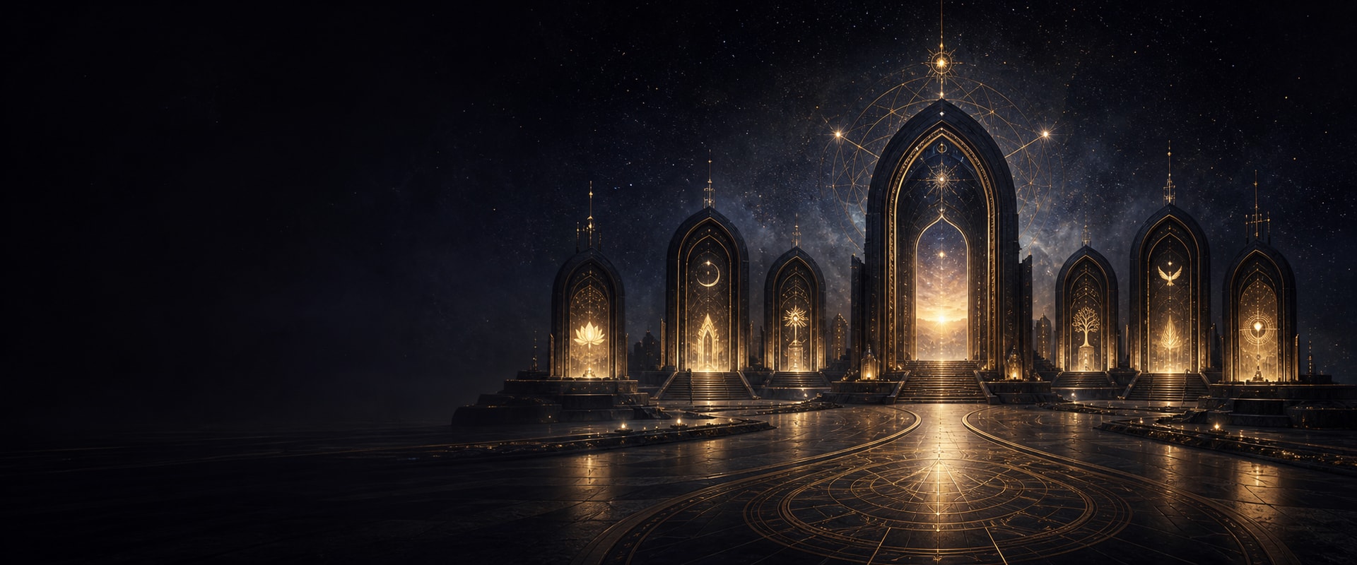 Seven luminous gateways gathered inside a midnight celestial sanctuary